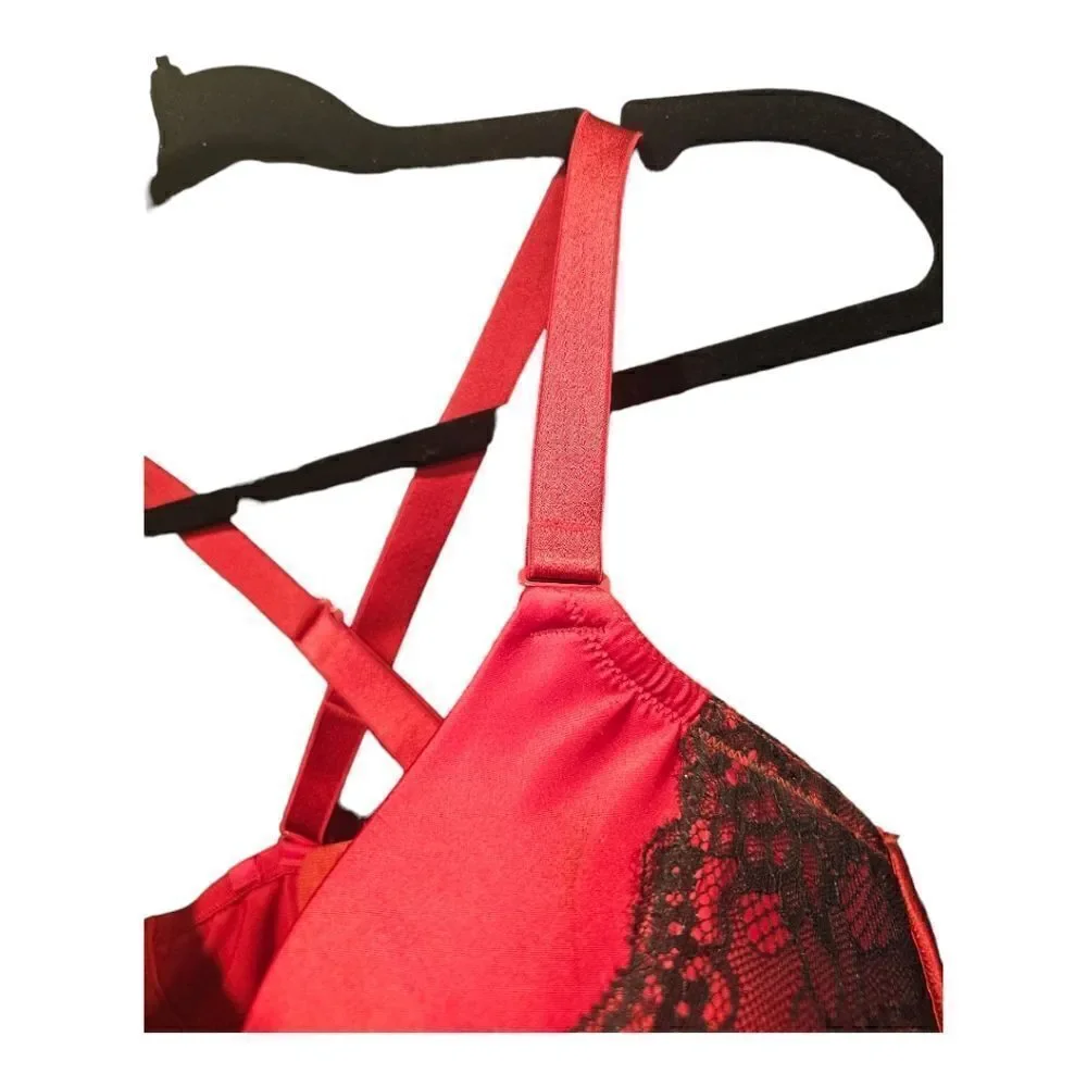 CACIQUE Red Satin Black Lace Plunge‎ Underwire Bra - Size 40F